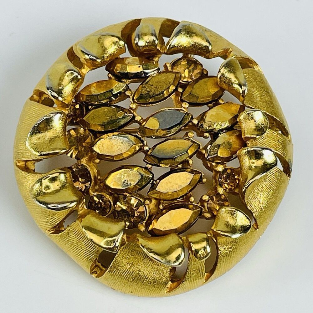 VTG BSK Signed Brown Rootbeer Foiled Textured Gold Tone Birds Nest Brooch